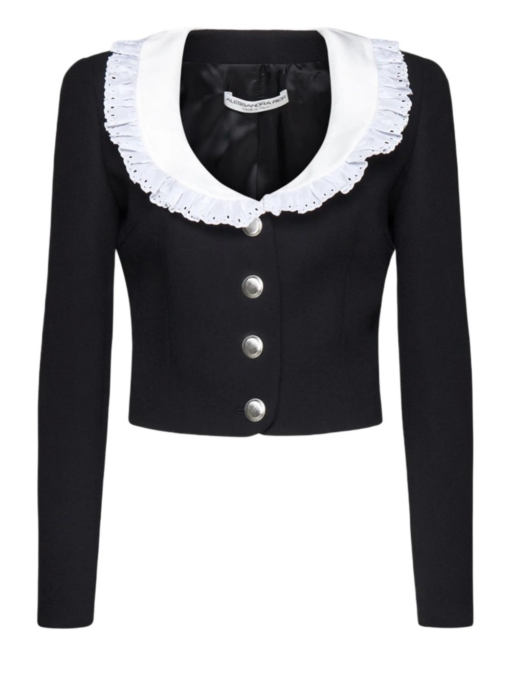 Alessandra Rich Black Cropped Blazer with White Ruffle Collar